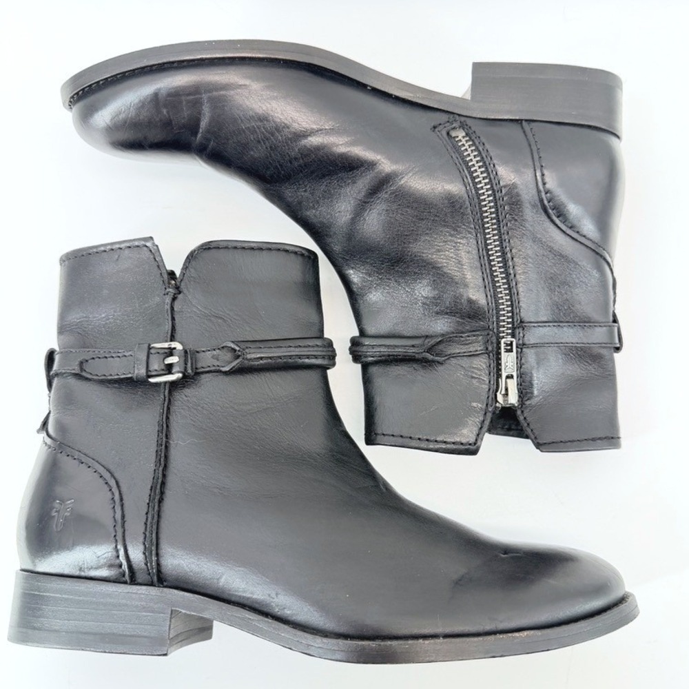 Frye Melissa Seam Short Black Leather Buckle Ankle Boots 7B 3470643-BLK - Picture 6 of 9